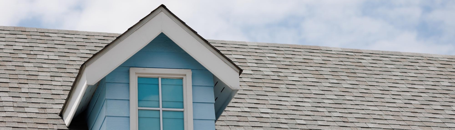 Side view of a house with grey shingles and light blue siding